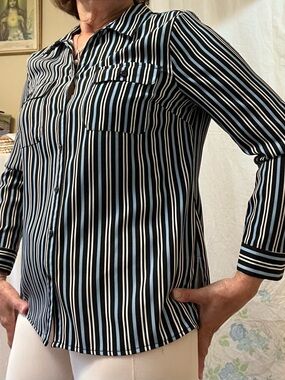 Studio Works Black Button-Down Shirt with White and Light Blue Stripes.  Women’s
